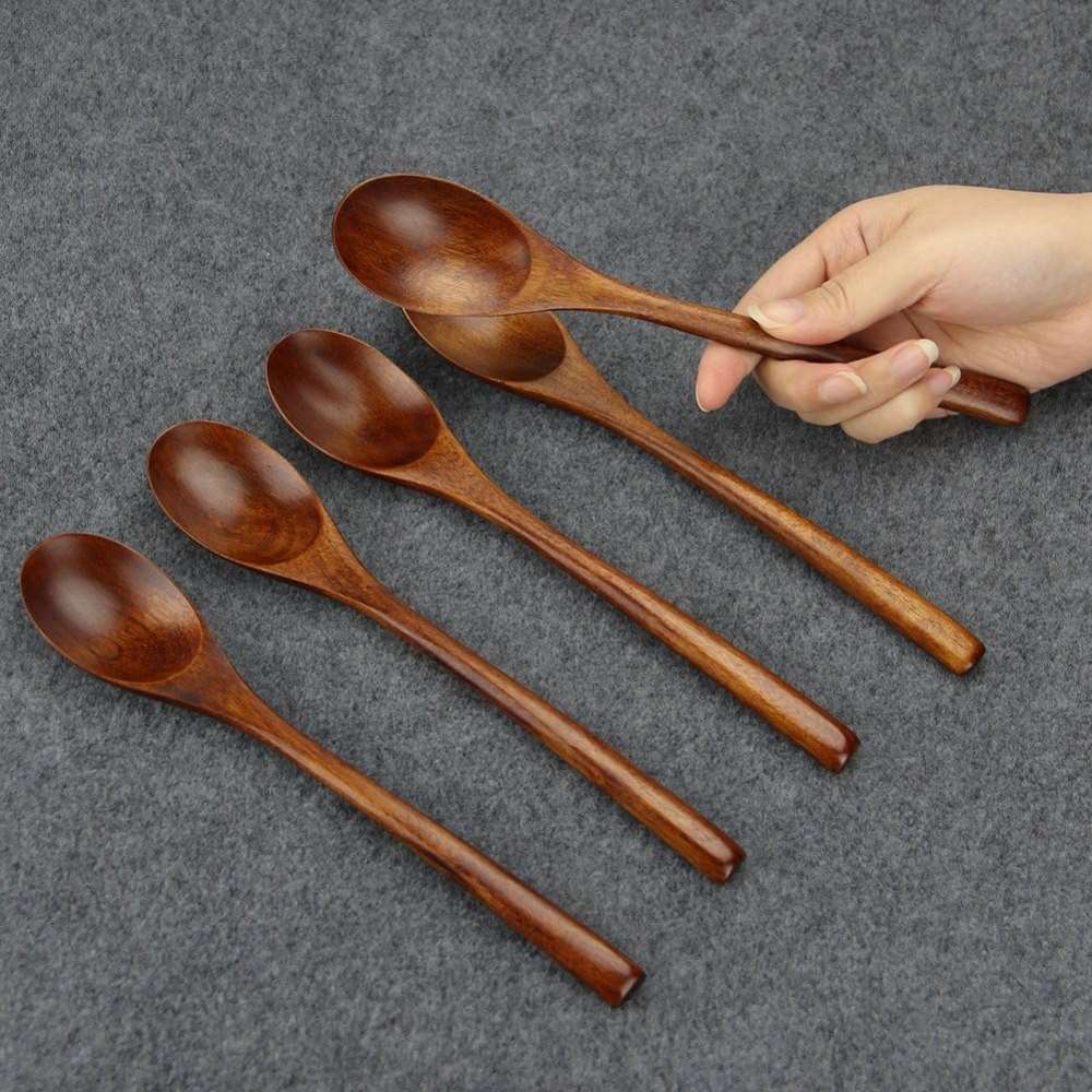 Wooden Spoons Tablespoons 5 Pieces Japanese Style Long Handle Nanmu Wooden Soup Spoon Set