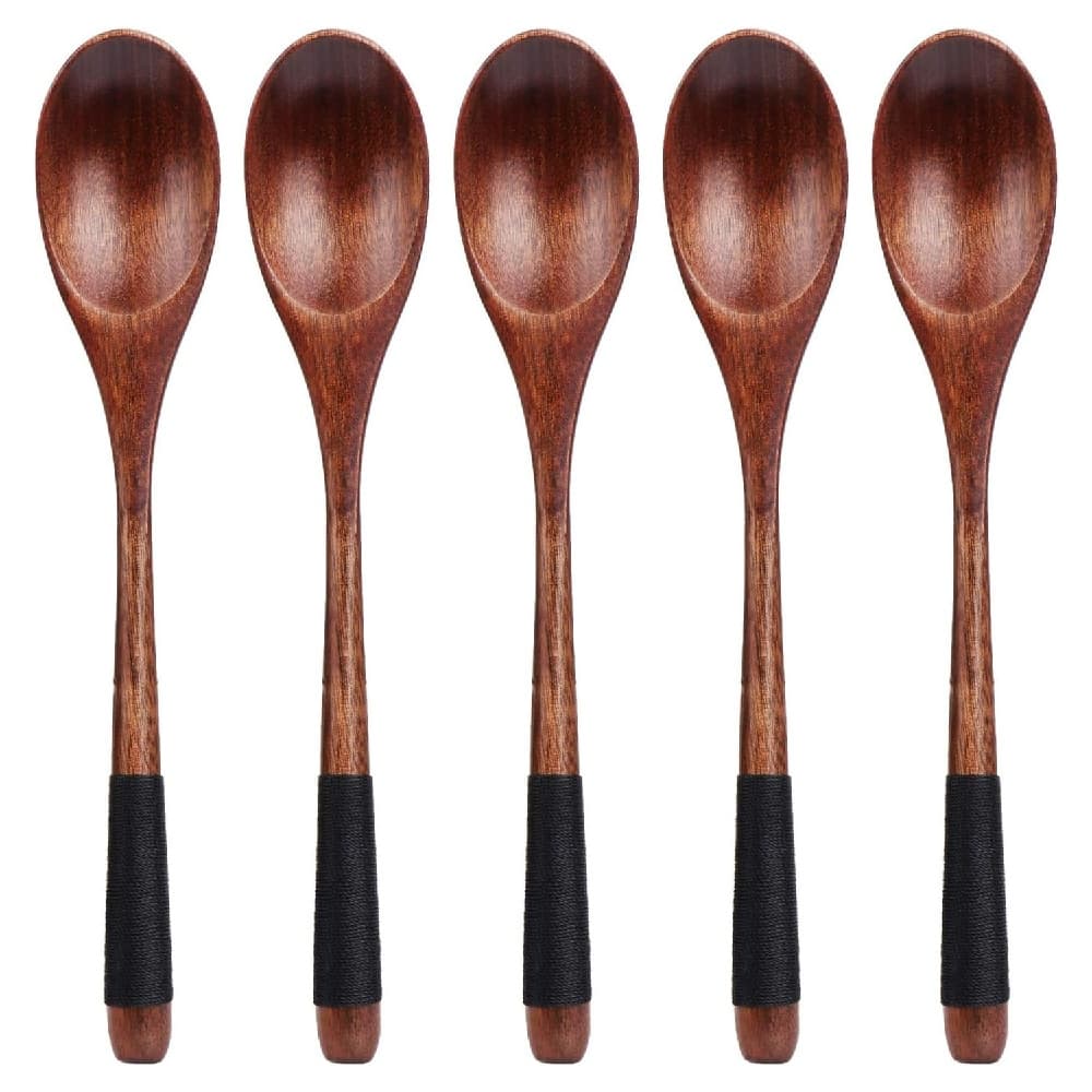 Wooden Spoons Tablespoons 5 Pieces Japanese Style Long Handle Nanmu Wooden Soup Spoon Set