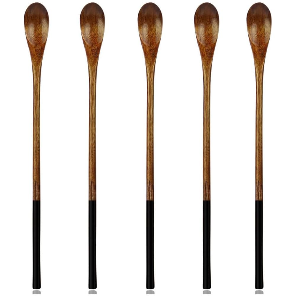 Wooden Spoons Tablespoons 5 Pieces Japanese Style Long Handle Nanmu Wooden Soup Spoon Set