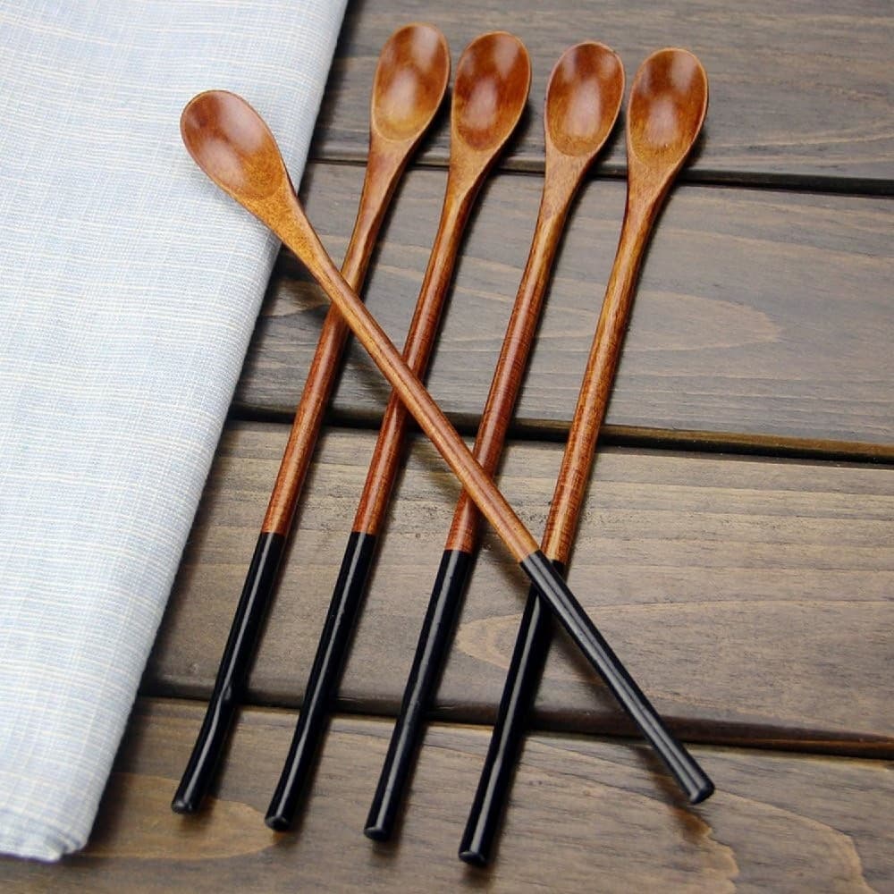 Wooden Spoons Tablespoons 5 Pieces Japanese Style Long Handle Nanmu Wooden Soup Spoon Set